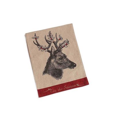 70 Inch Linen Table Runner with Deer Motif with Holly Antlers